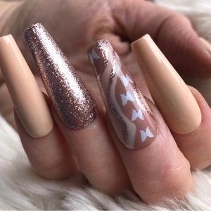 Nude & Rose Gold Butterfly Press On Fake Nails
